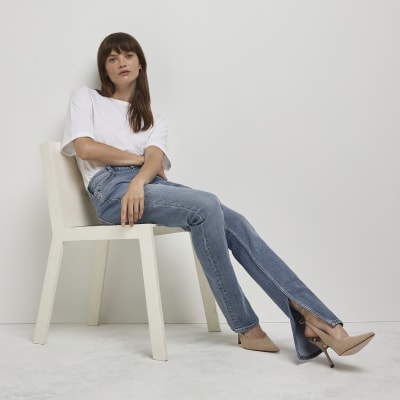 blue high waisted flared jeans