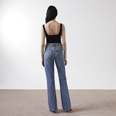 blue high waisted flared jeans