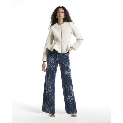 Blue High Waisted Floral Straight Leg Jeans