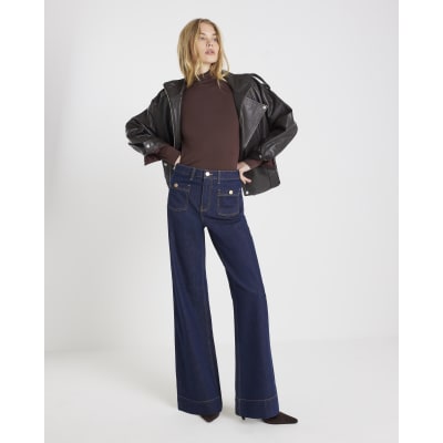 Blue High Waisted Front Pocket Palazzo Jeans