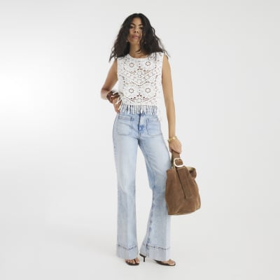 Blue high waisted front pocket wide leg jeans