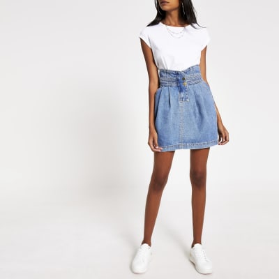high waisted blue denim skirt
