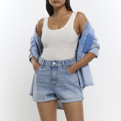 Blue high waisted mom denim shorts River Island