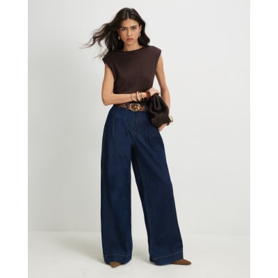 High Waisted Pleat Belted Wide Leg Jeans