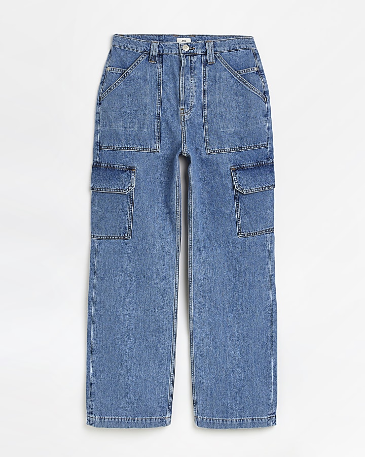 Blue high waisted pocketed cargo jeans