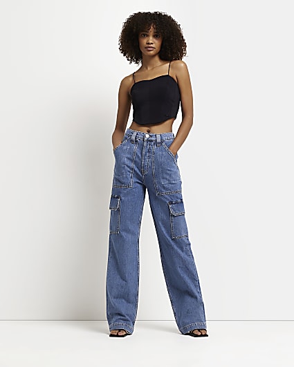 Blue high waisted pocketed cargo jeans