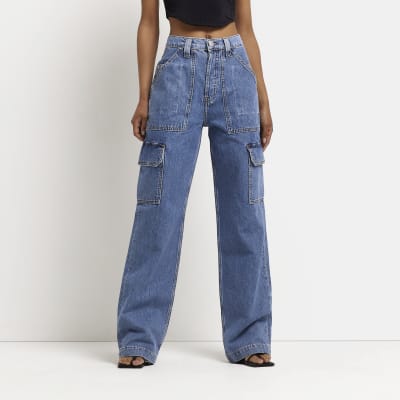 Blue high waisted pocketed cargo jeans | River Island