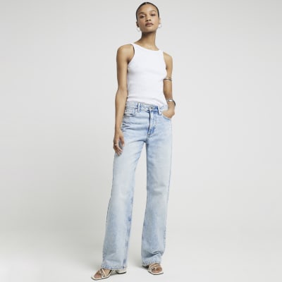 Blue high waisted relaxed straight leg jeans