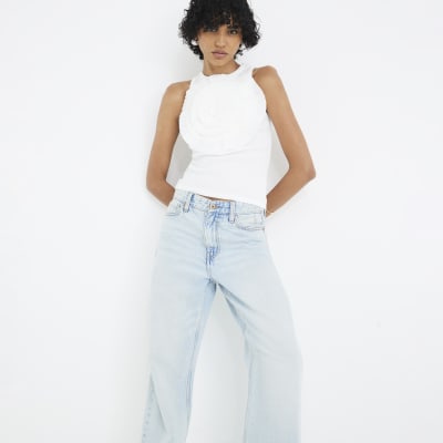 Blue high waisted relaxed straight leg jeans