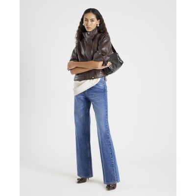 Womens Blue High Waisted Relaxed Straight Leg Jeans