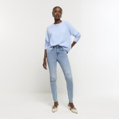 Blue high waisted ripped skinny jeans | River Island