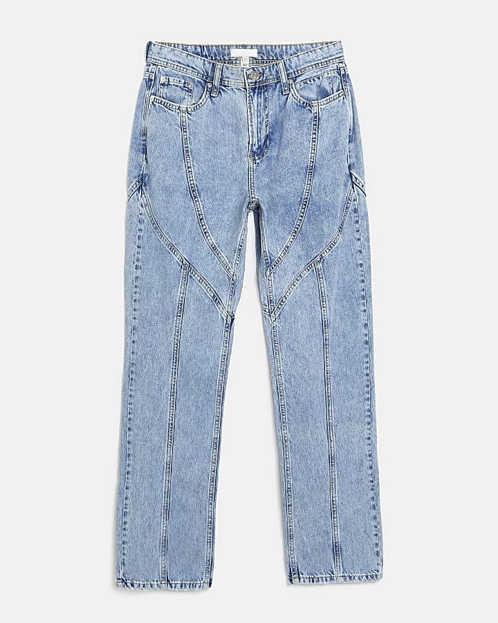 Blue high waisted seamed straight leg jeans