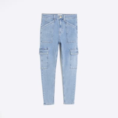 Blue high waisted skinny cargo jeans