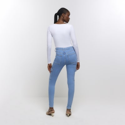 Blue high waisted skinny cargo jeans River Island