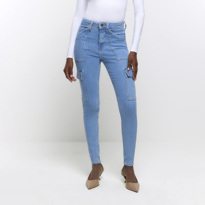 Blue high waisted skinny cargo jeans River Island