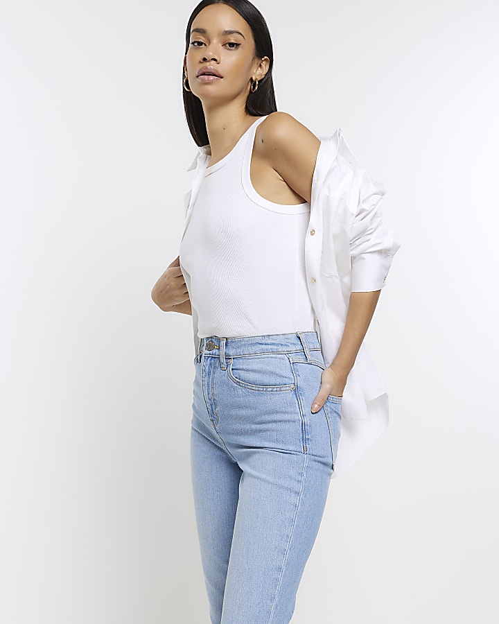 Blue high waisted slim fit mom jeans
