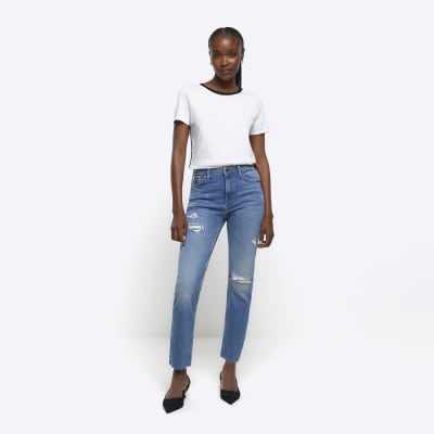 Blue high waisted slim fit ripped jeans | River Island