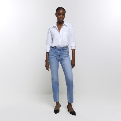 Blue high waisted slim straight jeans