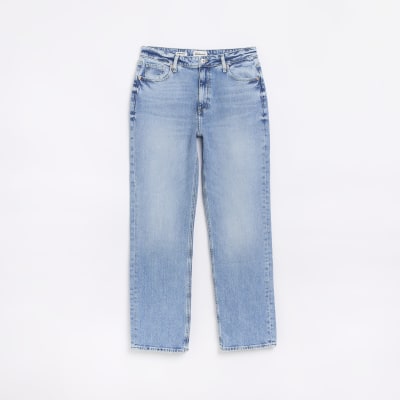 Blue high waisted straight leg jeans