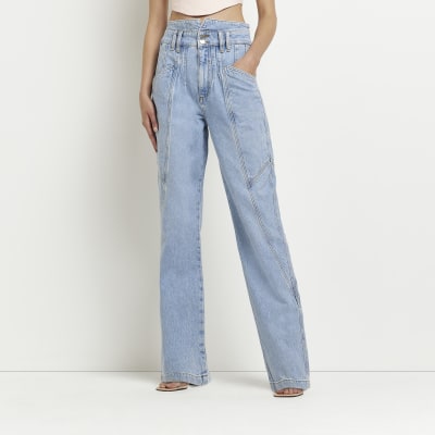 Blue high waisted straight leg jeans