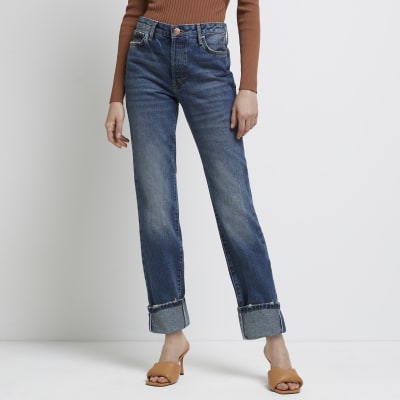 Blue high waisted straight leg jeans