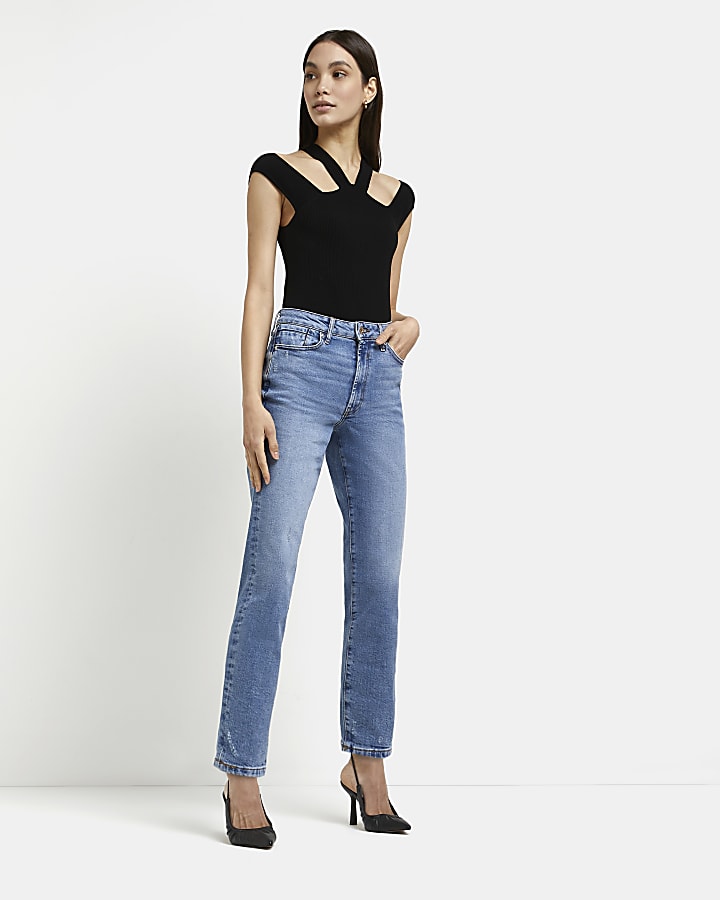 Blue high waisted stretch straight jeans