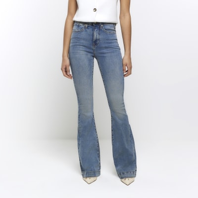 Blue Flipped Waist Flare Jeans High Waist Slight Stretch - Temu Canada