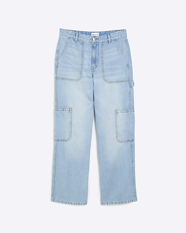 Blue high waisted wide leg cargo jeans