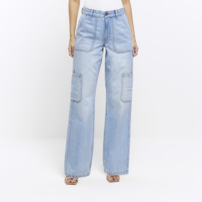 Blue high waisted wide leg cargo jeans