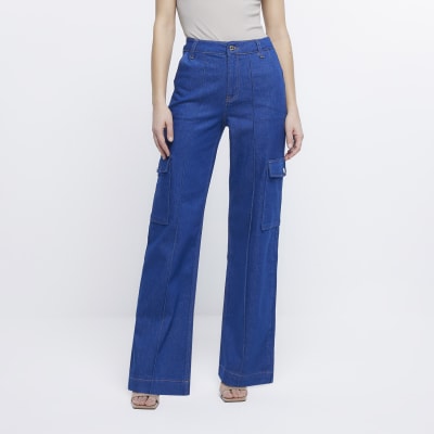 Blue high waisted wide leg cargo jeans