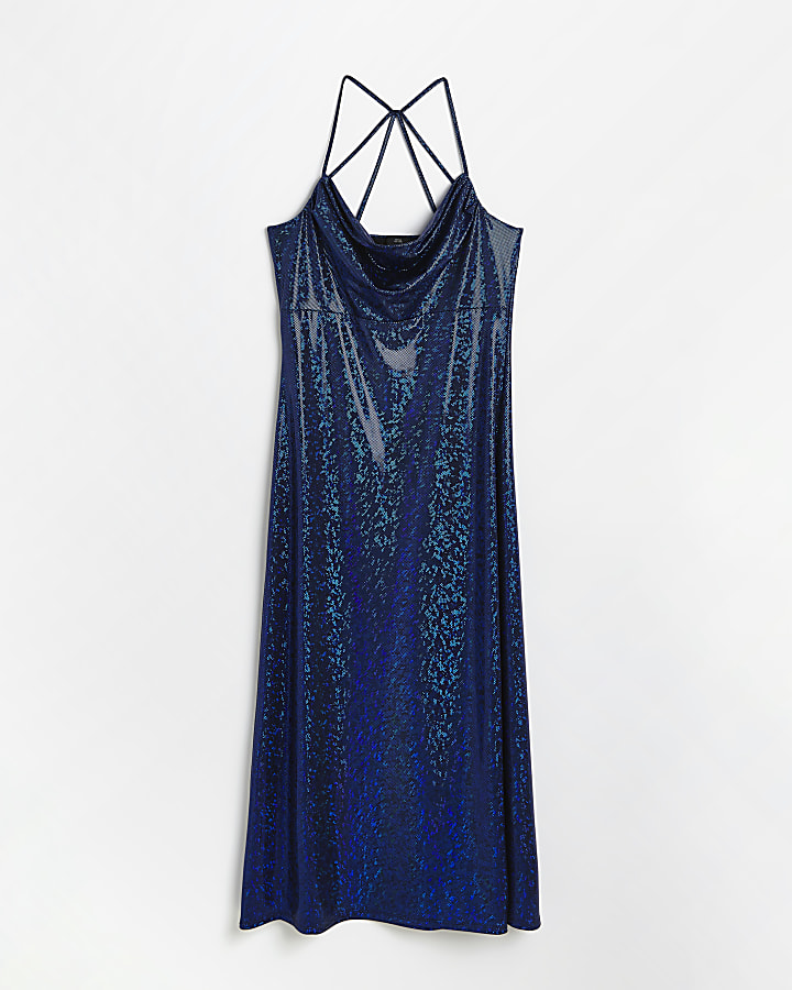 Blue holographic cowl neck slip midi dress