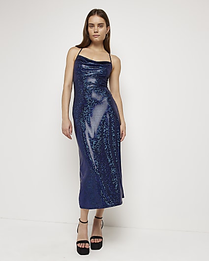 Blue holographic cowl neck slip midi dress