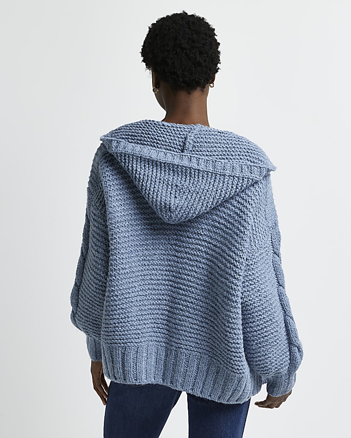 Blue hooded cable knit cardigan