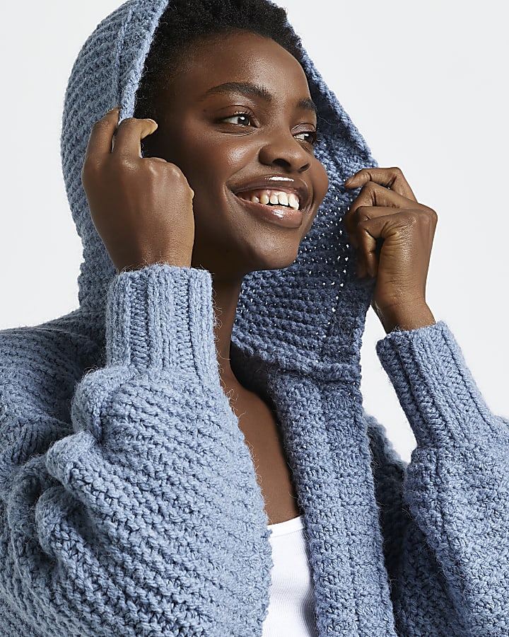 Blue hooded cable knit cardigan