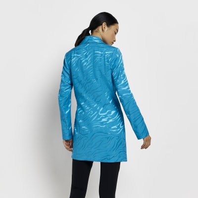Blue Jacquard Belted Wrap Blazer