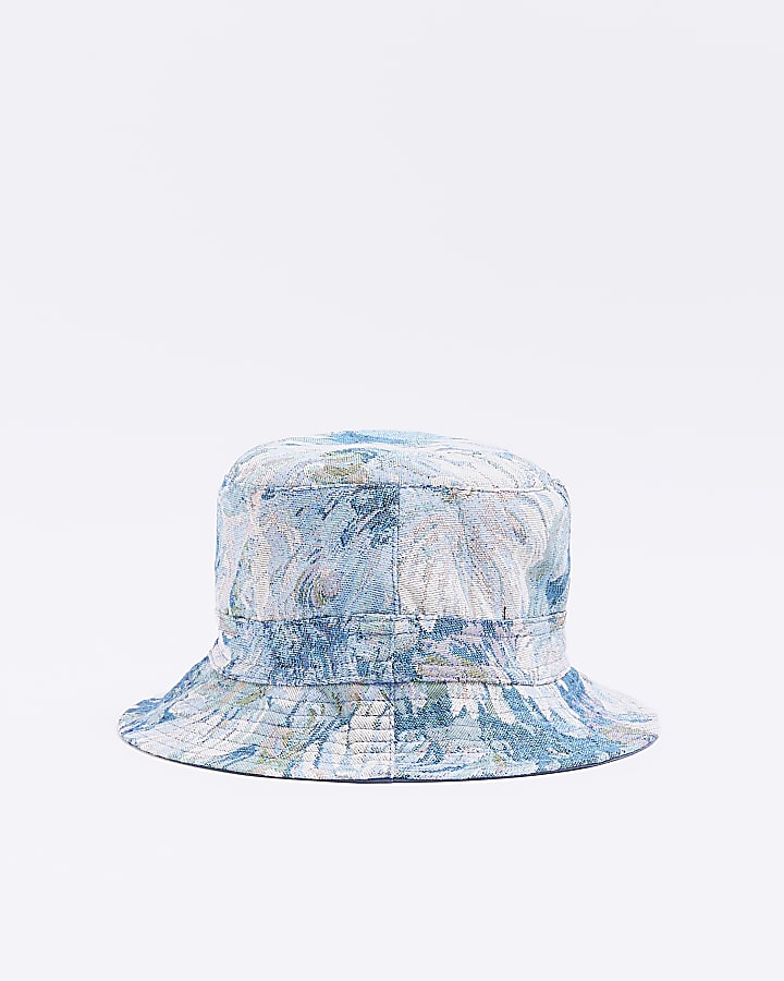 Blue jacquard floral bucket hat