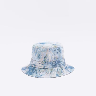 Blue jacquard floral bucket hat
