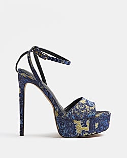 Blue jacquard floral heeled sandals