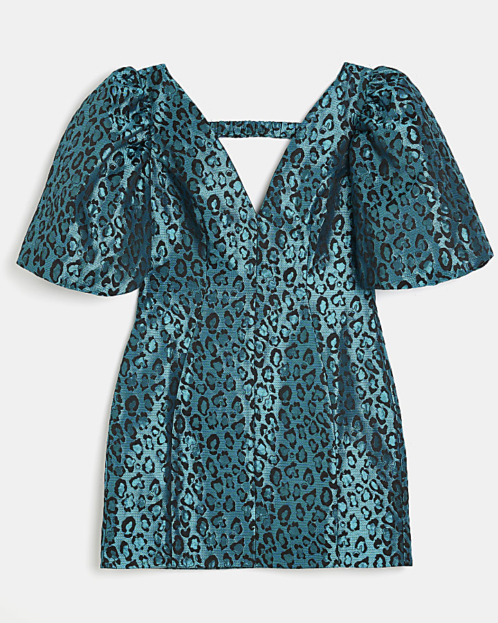 Blue jacquard puff sleeve mini dress