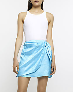 Blue Jacquard Wrap Tie Mini Skirt