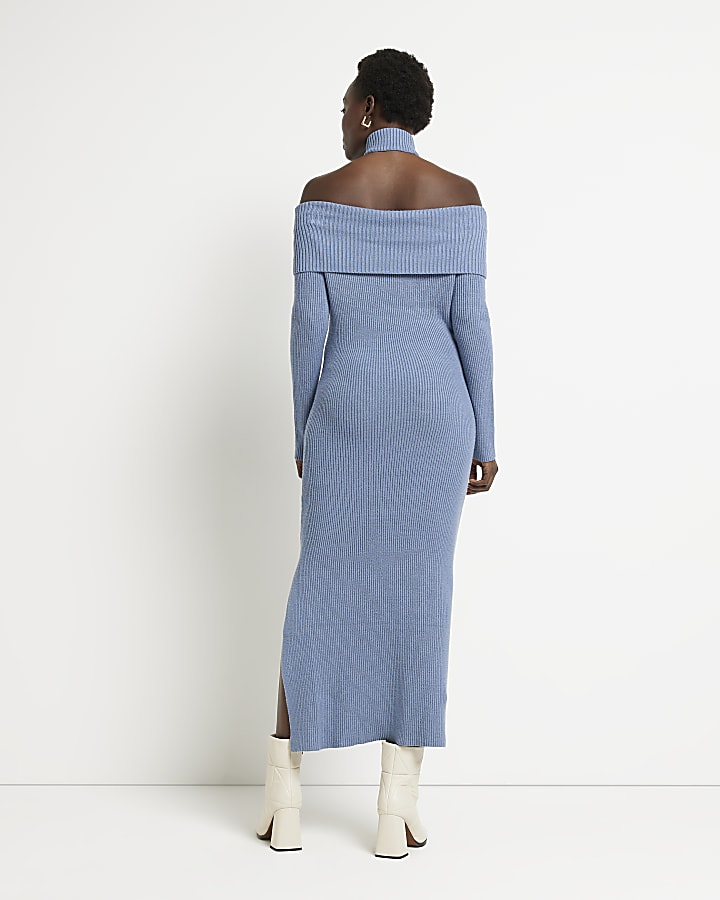 Blue knit bardot bodycon midi dress