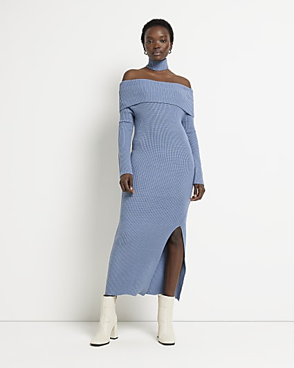Blue knit bardot bodycon midi dress