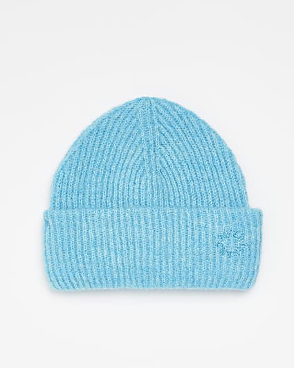Blue knit beanie hat