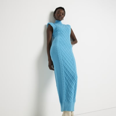 Blue knit cable maxi dress River Island