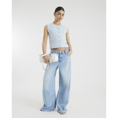 Blue Knit Diamante Button Waistcoat