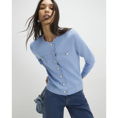 Blue Knit Fitted Scallop Trim Cardigan
