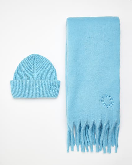Blue knit scarf and beanie hat set