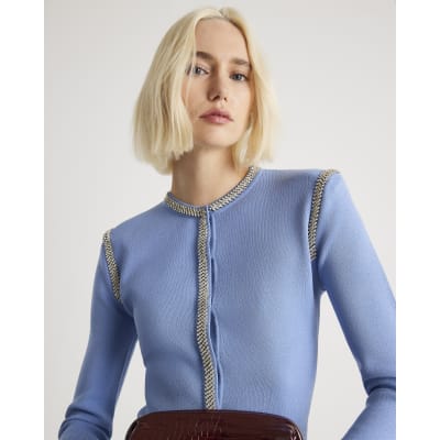 Blue Knit Shoulder Pad Embellished Cardigan