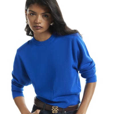Blue Knit Shoulder Pad Jumper | River Island