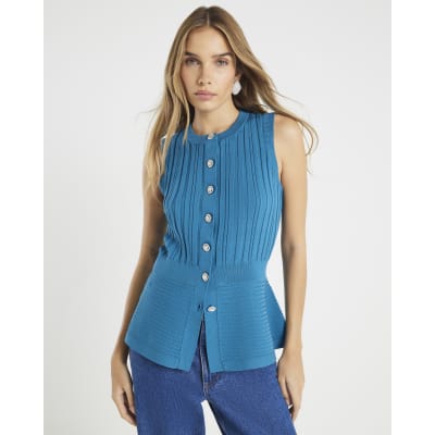Blue Knit Sleeveless Ribbed Peplum Top
